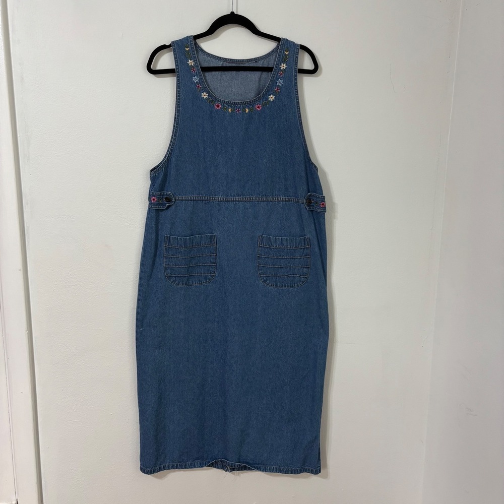 Vtg Denim Jumper Dress Floral Embroidery Cottagecore Blue Pockets Maxi Sz Large‎